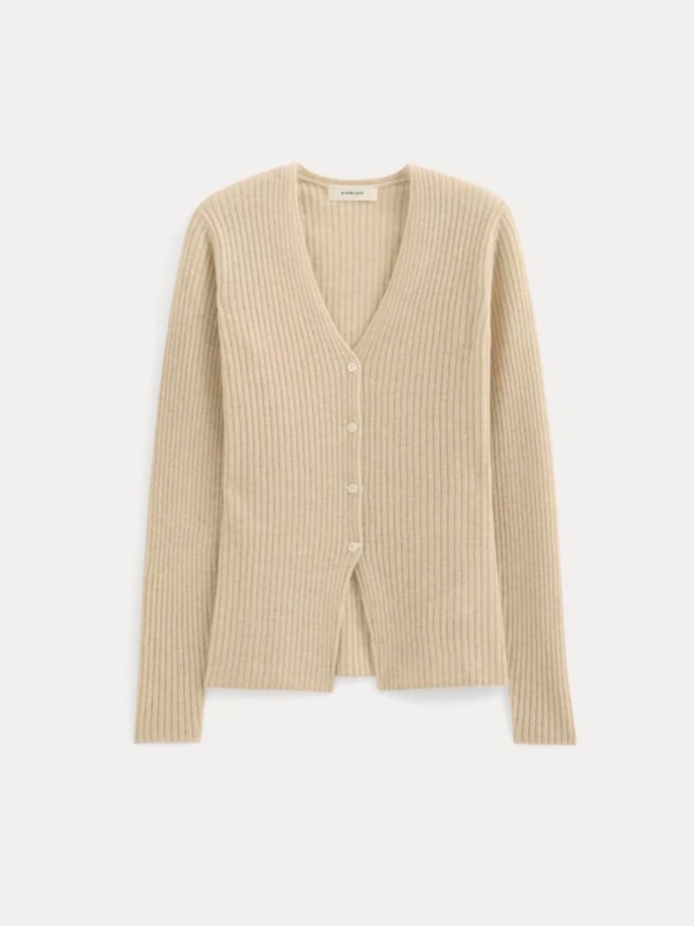 Everlane Cashmere Ribbed V-Neck Cardigan in Heather Light Camel
